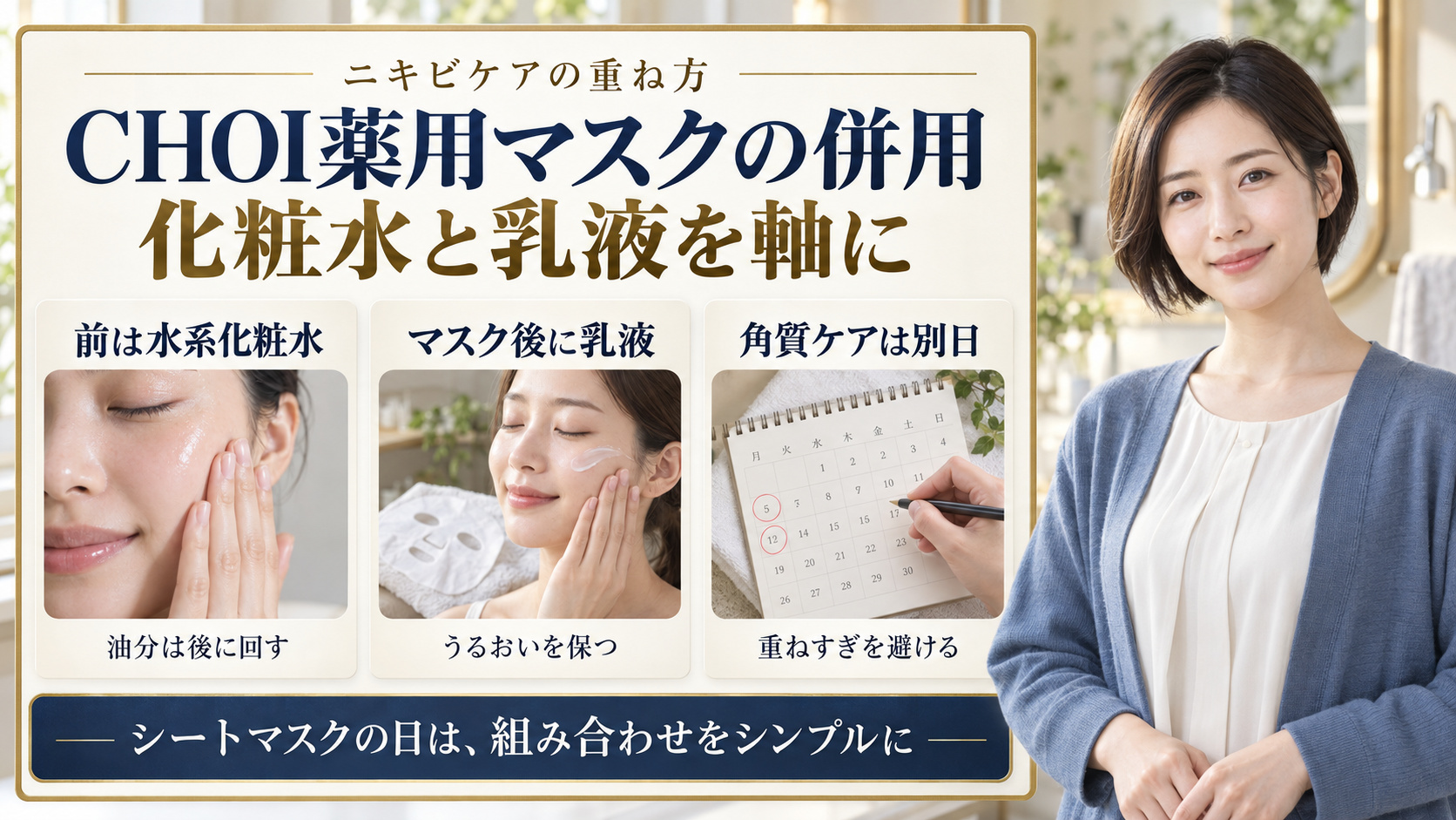 CHOI薬用マスクの併用。前は水系化粧水、マスク後に乳液、角質ケアは別日に分ける。