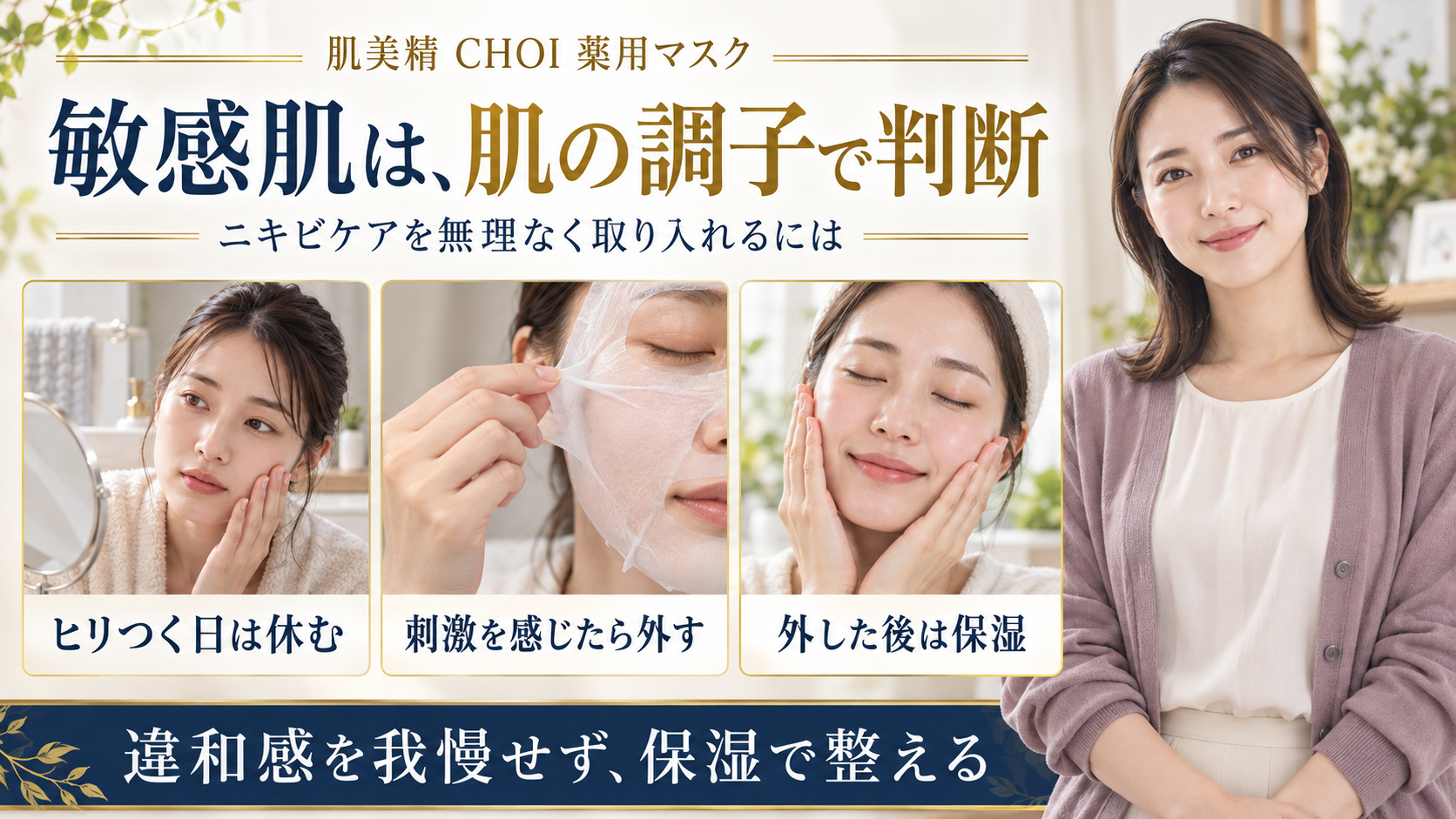 敏感肌は肌の調子で判断。ヒリつく日は休む、刺激を感じたら外す、外した後は保湿。