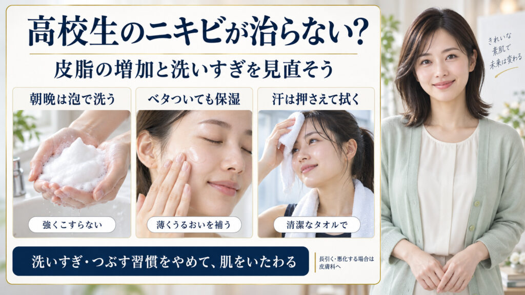 高校生のニキビに泡洗顔・軽い保湿・清潔なタオルのケアを示す美容ボード