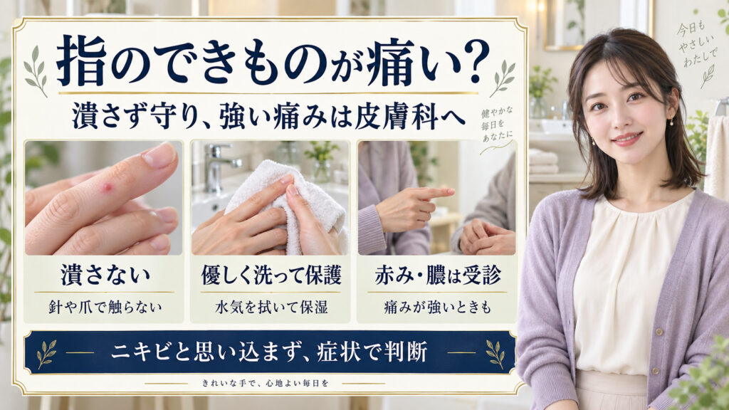 指のできものは潰さず優しく洗って保護し、赤みや膿、強い痛みがある場合は皮膚科へ相談する目安
