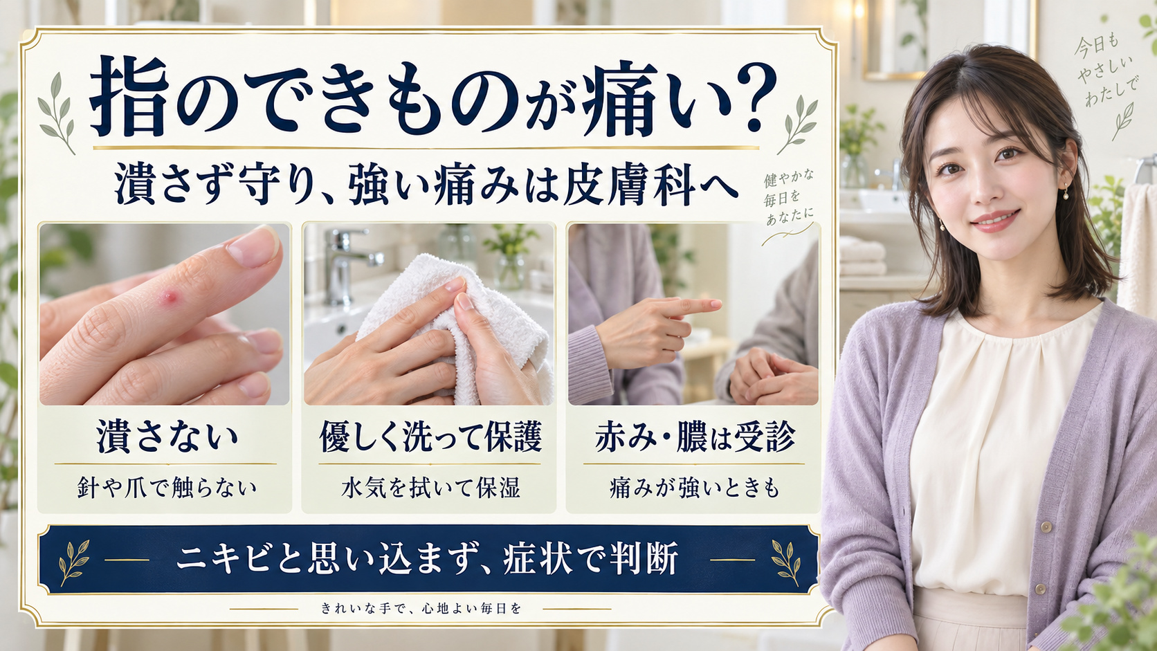 指のできものは潰さず優しく洗って保護し、赤みや膿、強い痛みがある場合は皮膚科へ相談する目安