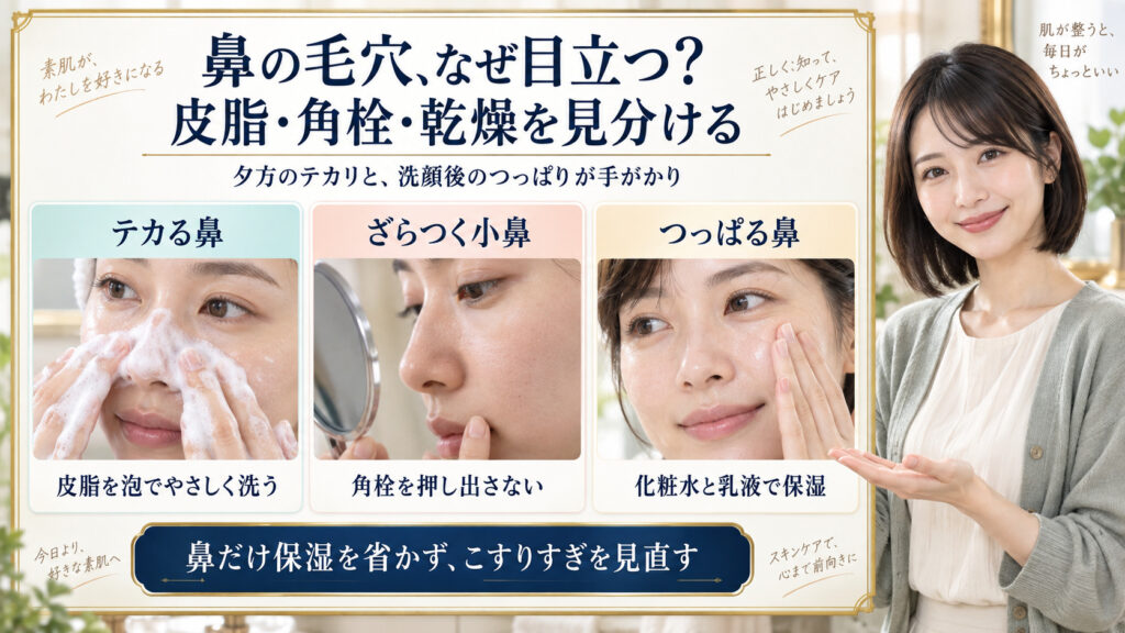 鼻の毛穴の開きが目立つ原因は？洗い方と保湿の見直しポイント。3枚の実写カードで要点を説明。