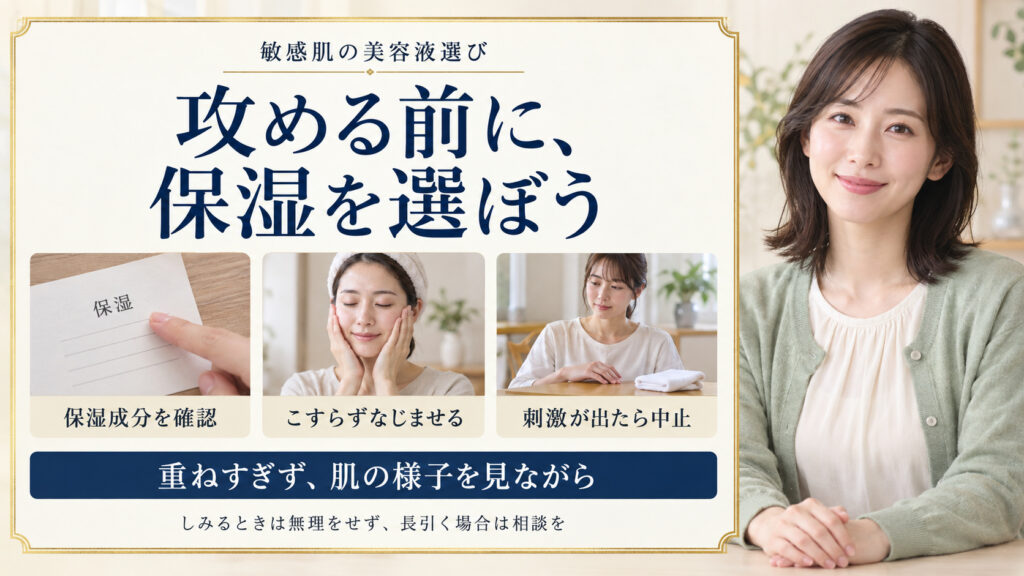 敏感肌の美容液選び。保湿成分を確認し、こすらずなじませ、刺激が出たら中止する