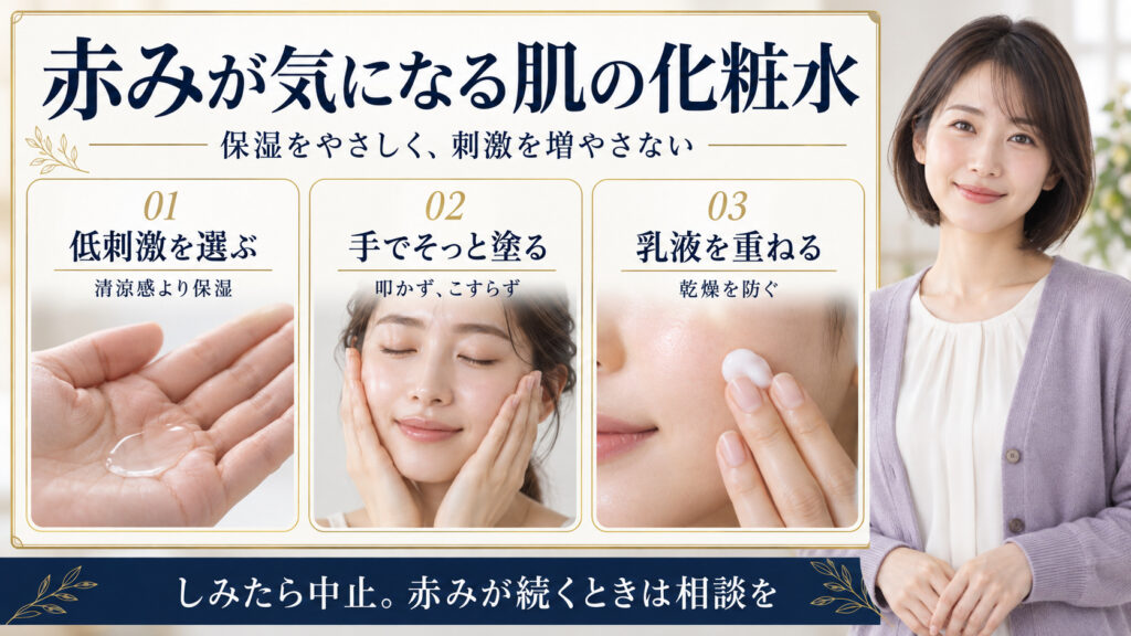 赤みが気になる肌の化粧水。低刺激を選び、手でそっと塗り、乳液を重ねる。しみたら中止し赤みが続くときは相談する。