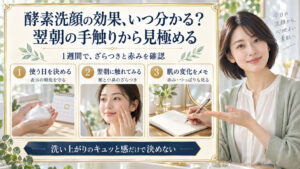 酵素洗顔の効果はいつ分かる？1週間の見極め方と頻度の目安。3枚の実写カードで要点を説明。