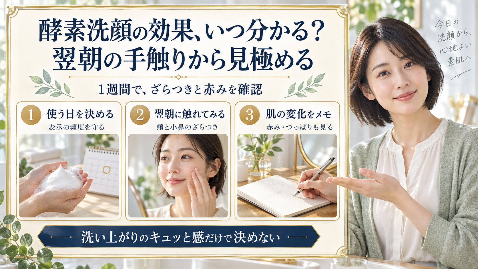 酵素洗顔の効果はいつ分かる？1週間の見極め方と頻度の目安。3枚の実写カードで要点を説明。