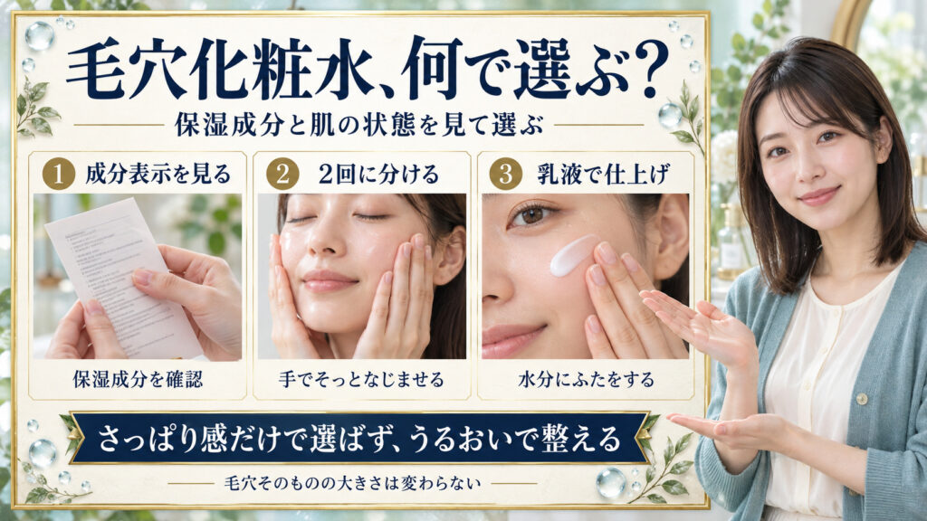 毛穴化粧水の選び方と使い方｜成分表示の見方とつけ方のコツ。3枚の実写カードで要点を説明。