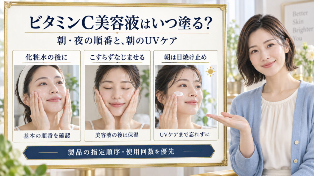 化粧水後のビタミンC美容液、こすらずなじませた後に保湿、朝の日焼け止めを示す写真ボード