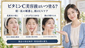 化粧水後のビタミンC美容液、こすらずなじませた後に保湿、朝の日焼け止めを示す写真ボード