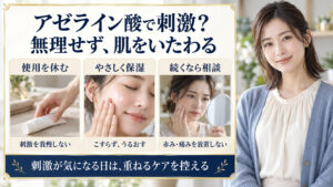 アゼライン酸による刺激が気になる時の使用休止、やさしい保湿、続く症状の相談を示す美容ボード