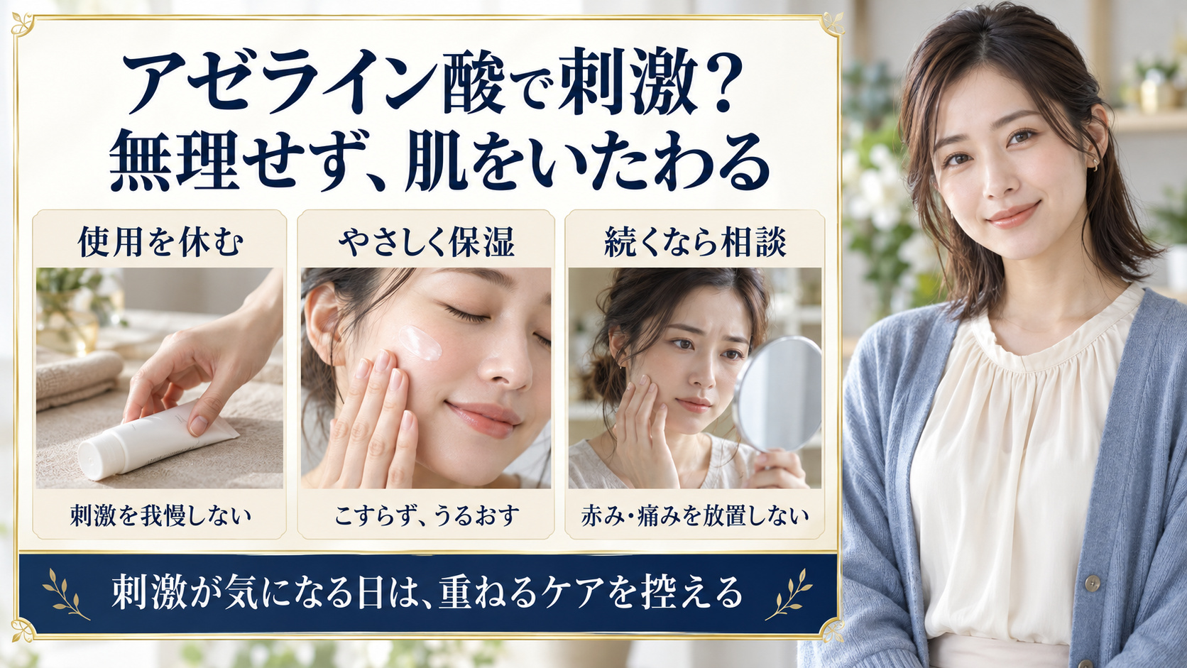 アゼライン酸による刺激が気になる時の使用休止、やさしい保湿、続く症状の相談を示す美容ボード