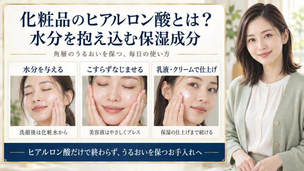 ヒアルロン酸の保湿の役割と化粧水、美容液、乳液クリームの重ね方を示す美容ボード