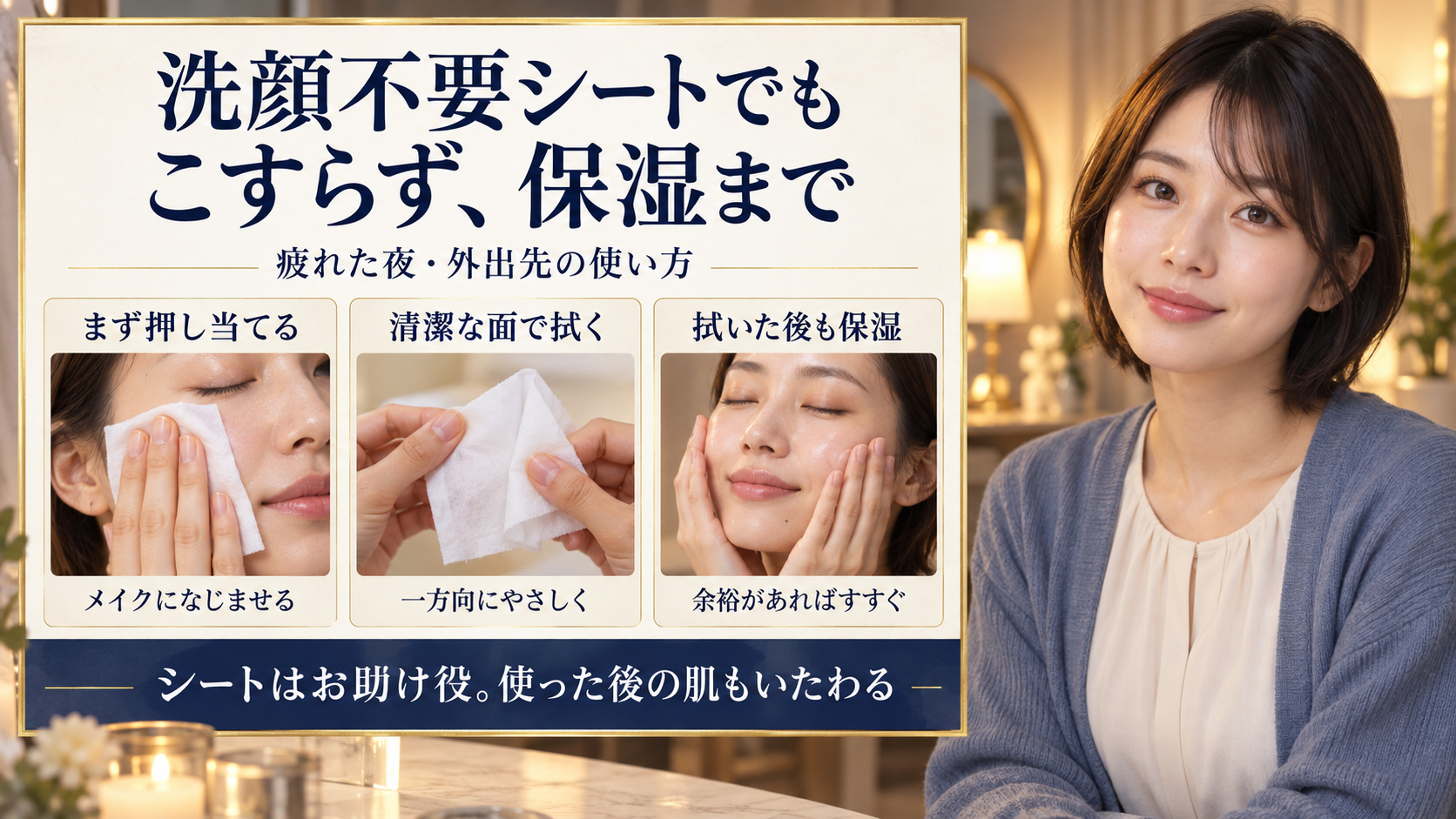 クレンジングシートを押し当て清潔な面で拭き保湿する手順