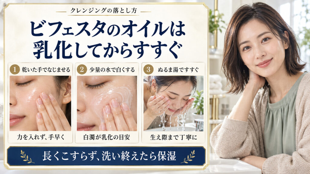 ビフェスタクレンジングオイルを乾いた手でなじませ、少量の水で白く乳化させてぬるま湯ですすぐ手順