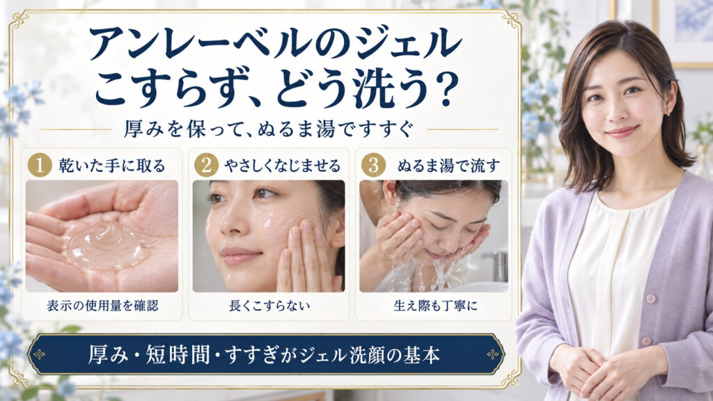 乾いた手にジェルを取り、やさしくなじませ、ぬるま湯で丁寧にすすぐ手順