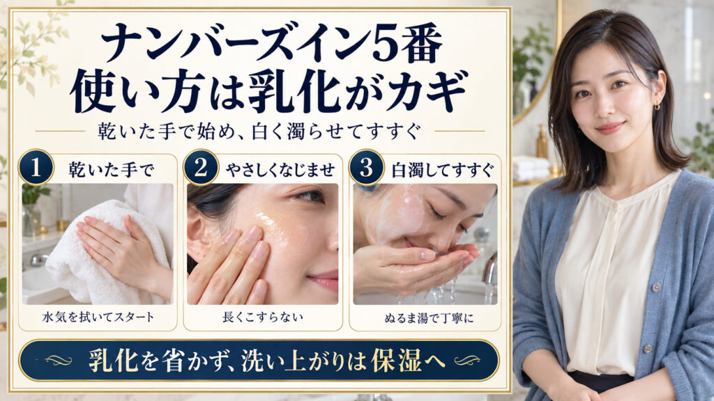 乾いた手で始め、やさしくなじませ、乳化してすすぐ3つのクレンジング手順