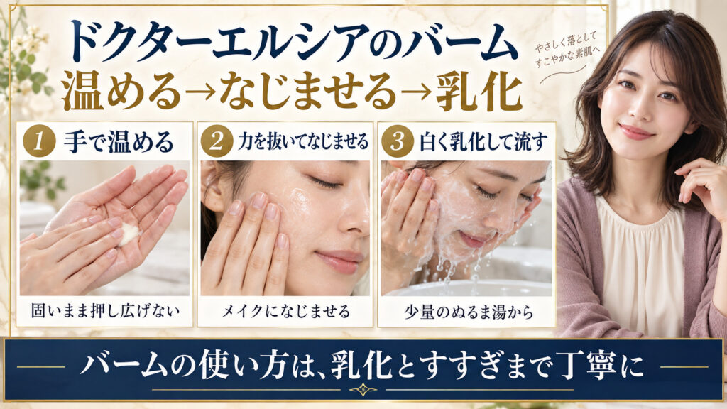 ドクターエルシアのクレンジングバームを手で温め、力を抜いてなじませ、白く乳化して流す3工程