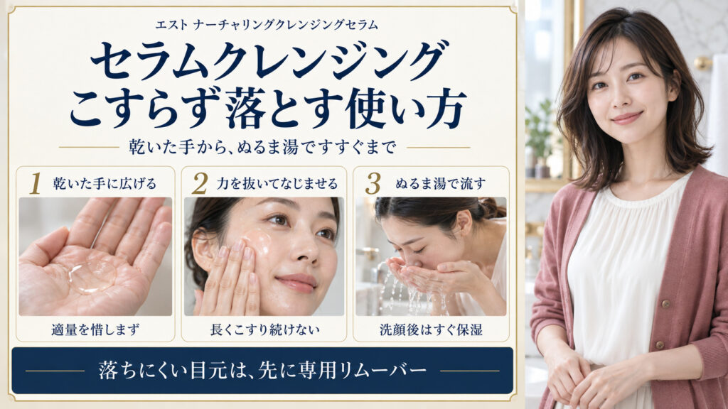 乾いた手でセラムを広げ、力を抜いてなじませ、ぬるま湯ですすぐ手順。落ちにくい目元は先に専用リムーバー。