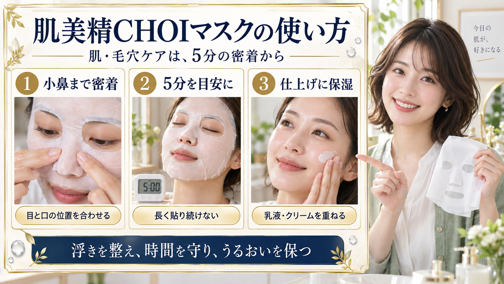 肌美精CHOIマスクの使い方。小鼻まで密着させ、5分を目安に外し、乳液やクリームで保湿する3つの手順