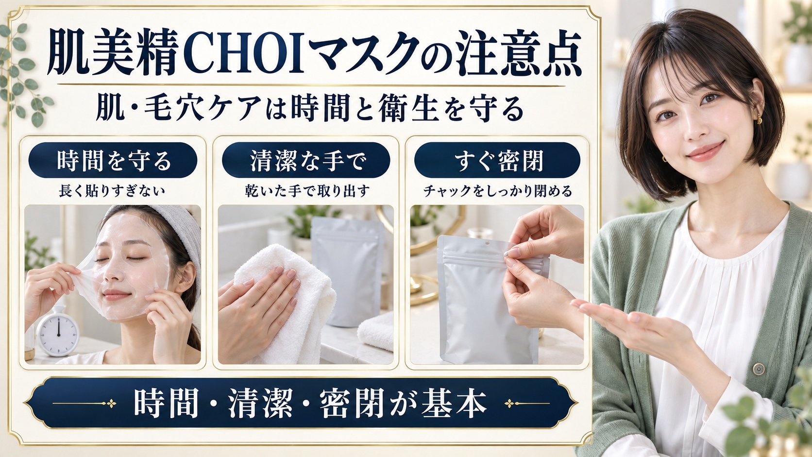肌美精CHOIマスク肌・毛穴ケアの注意点。時間を守る、清潔な乾いた手で取り出す、チャックをしっかり密閉する3つのポイント