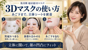 肌美精3Dマスクの突起をつまんで開き、鼻筋を合わせ、あご下を包み込む3つの密着手順