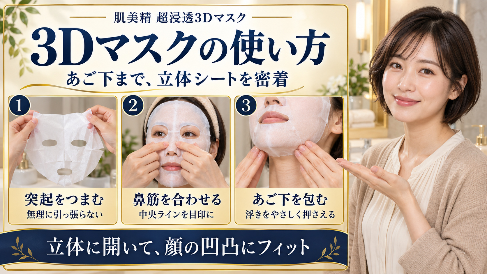 肌美精3Dマスクの突起をつまんで開き、鼻筋を合わせ、あご下を包み込む3つの密着手順