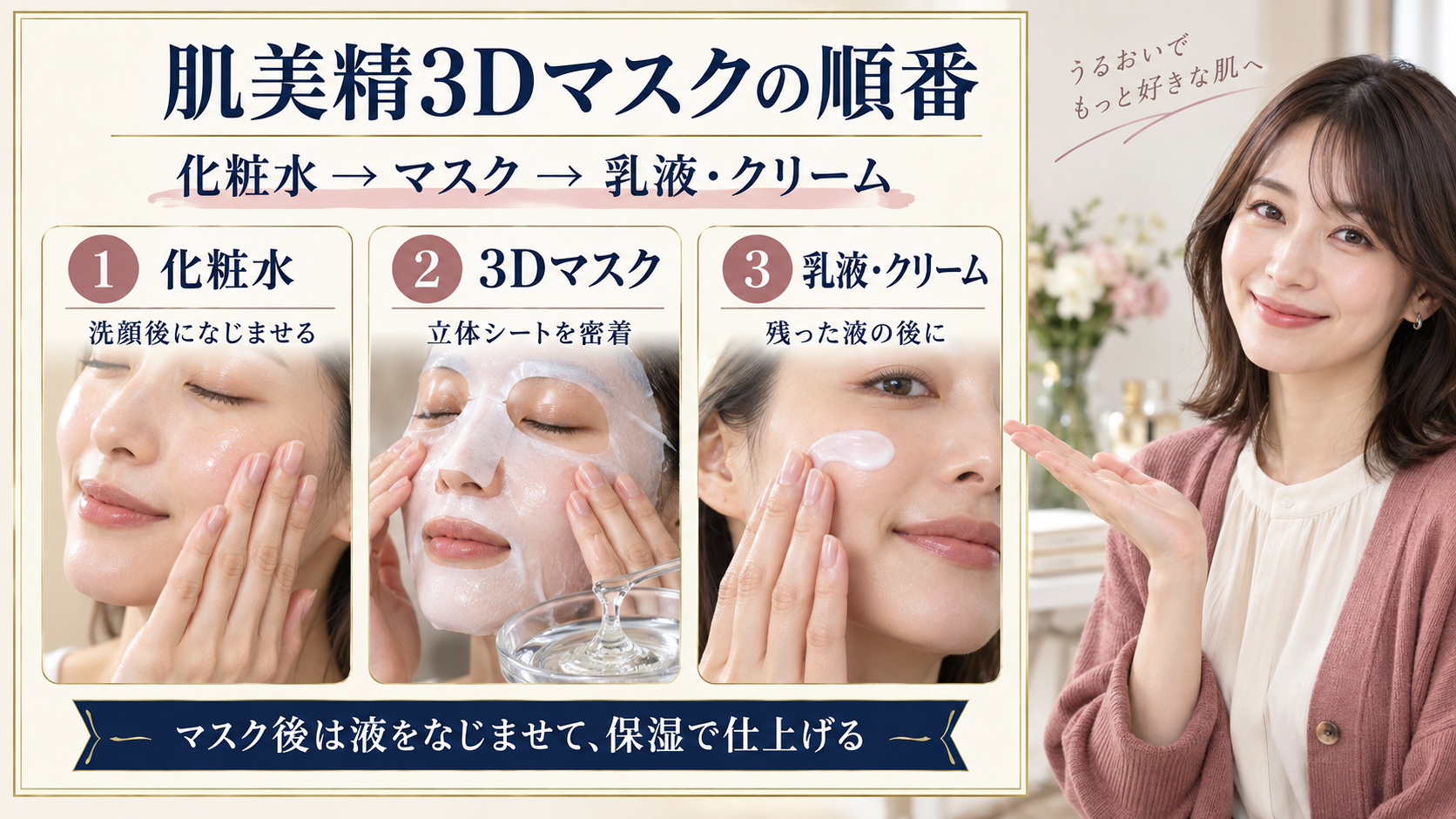 肌美精3Dマスクを化粧水、マスク、乳液・クリームの順に使う3ステップ