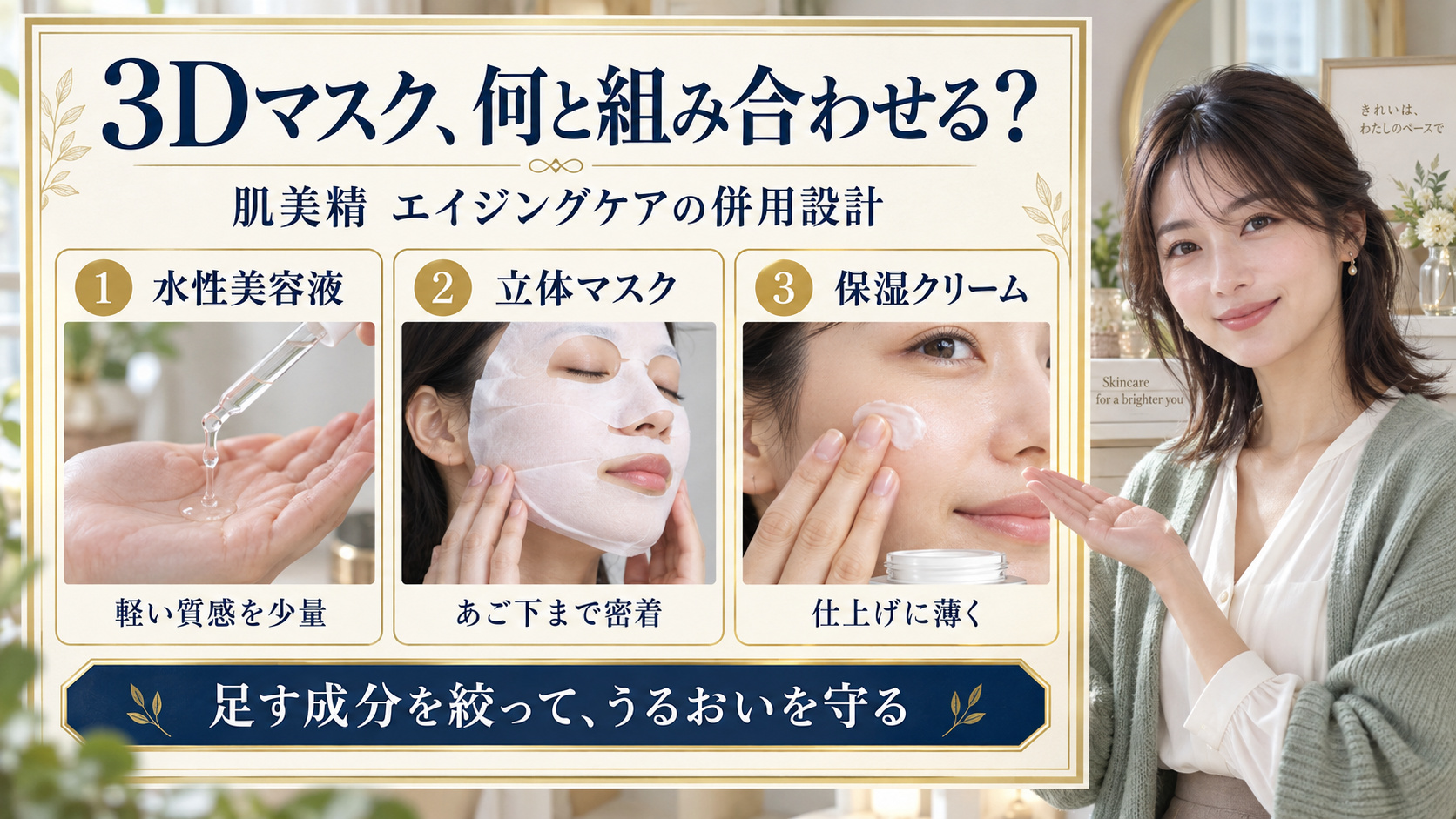 肌美精3Dマスクと水性美容液・保湿クリームの組み合わせを3枚の写真で解説