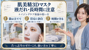 肌美精3Dマスクの注意点。袋を立てて洗面台で取り出す、目元に余白を残す、貼ったまま寝ず時間を守る3つのポイント