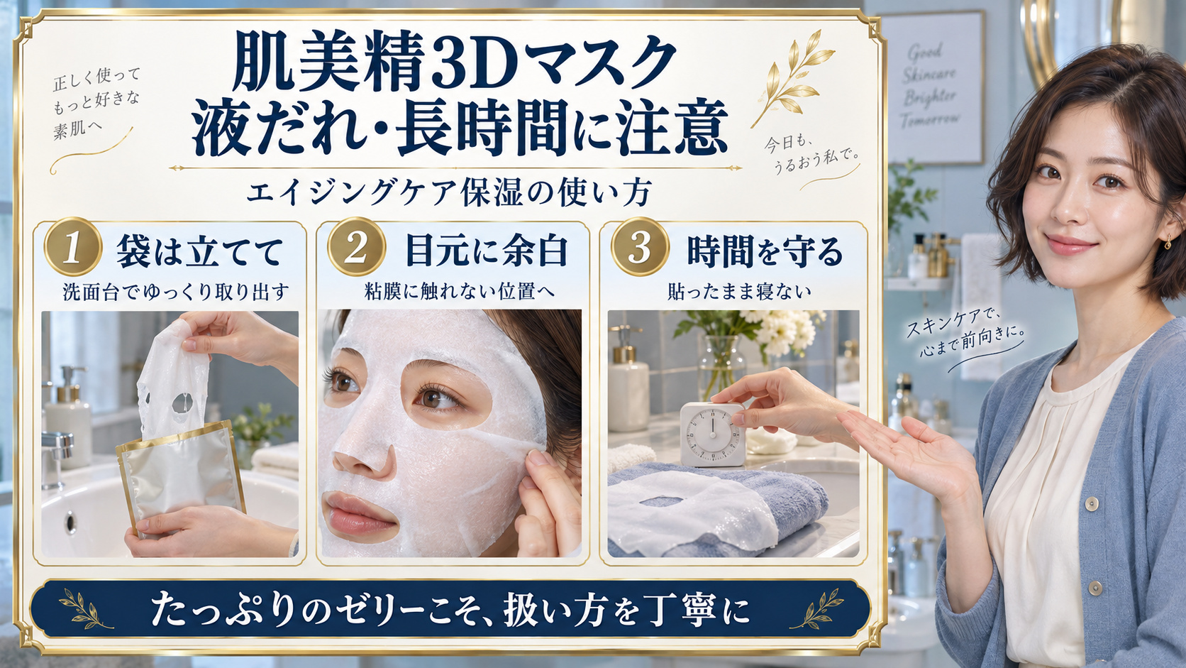 肌美精3Dマスクの注意点。袋を立てて洗面台で取り出す、目元に余白を残す、貼ったまま寝ず時間を守る3つのポイント