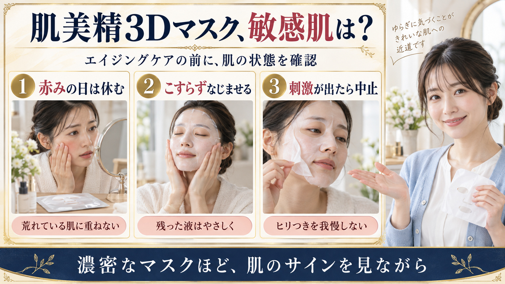 肌美精3Dマスクの敏感肌向け確認:赤みの日は休む、こすらずなじませる、刺激が出たら中止