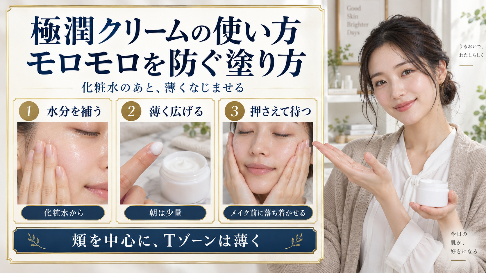極潤クリームの使い方を化粧水、薄塗り、ハンドプレスの3動作で説明するアイキャッチ