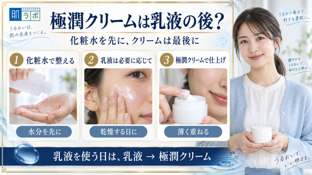 極潤クリームは乳液の後。化粧水を先に、必要に応じて乳液、最後にクリームを重ねる順番
