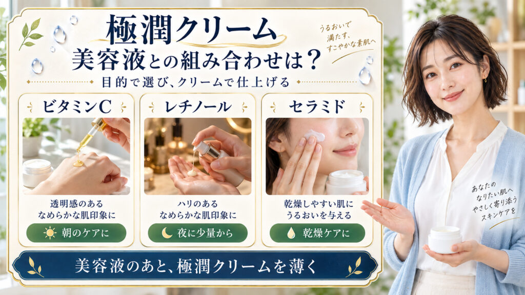 極潤ヒアルロンクリームに合わせるビタミンC、レチノール、セラミドの選び方と美容液のあとにクリームを薄く重ねる順番