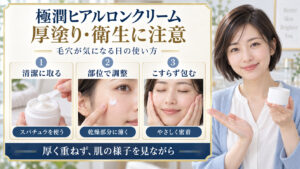 極潤ヒアルロンクリームの厚塗りと衛生に注意。清潔なスパチュラで取り、乾燥部分に薄く塗り、こすらず包む使い方。