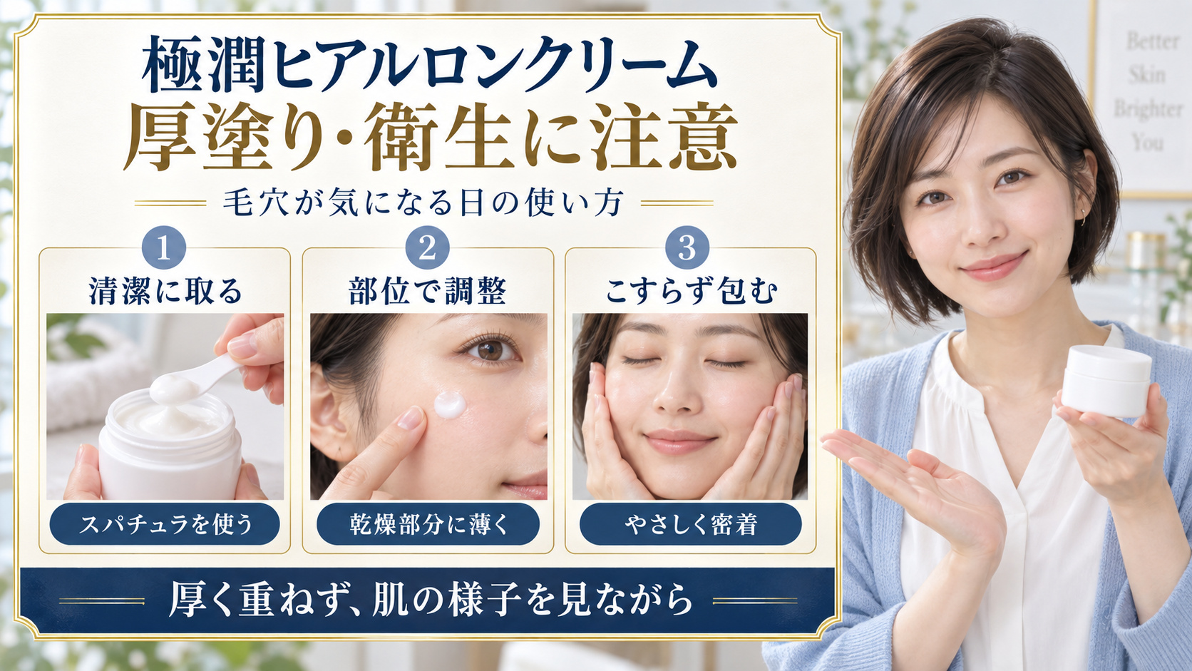 極潤ヒアルロンクリームの厚塗りと衛生に注意。清潔なスパチュラで取り、乾燥部分に薄く塗り、こすらず包む使い方。