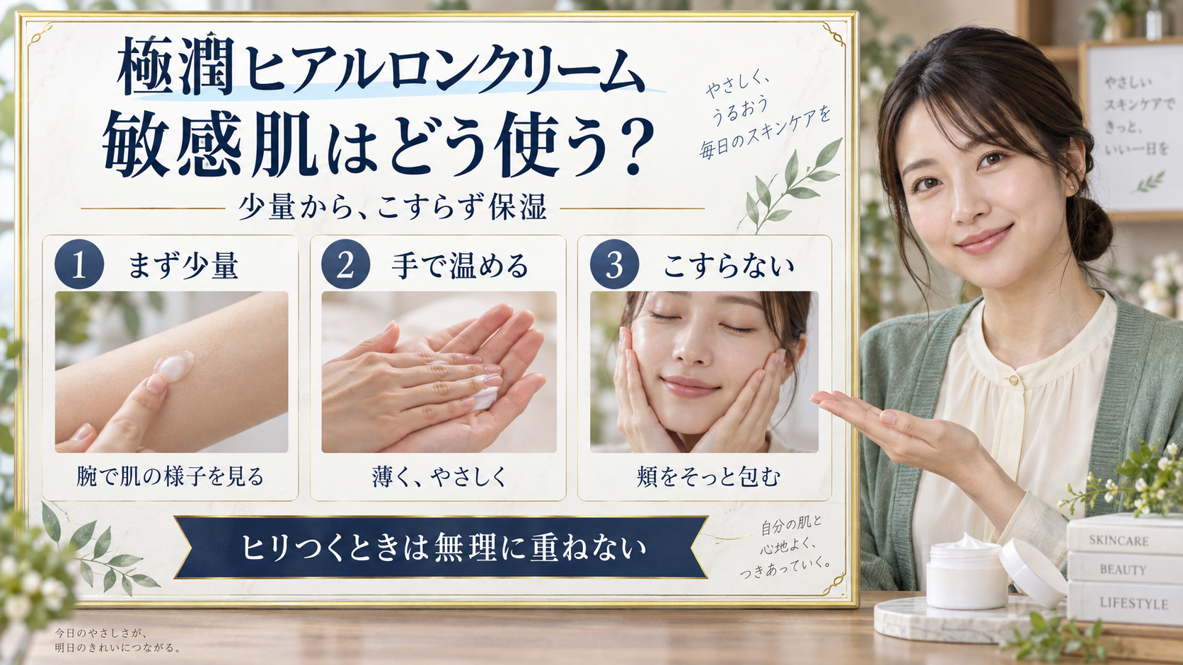 極潤ヒアルロンクリームを敏感肌に少量から試し、手で温めてこすらず保湿する3つのポイント