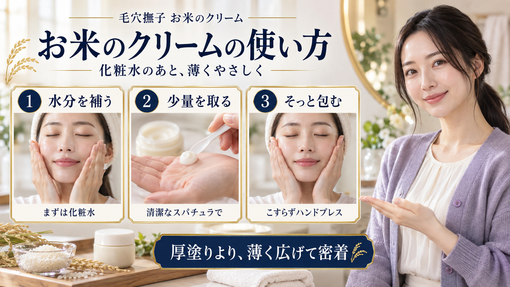 毛穴撫子お米のクリームを化粧水の後に少量取り、こすらずハンドプレスする3つの手順