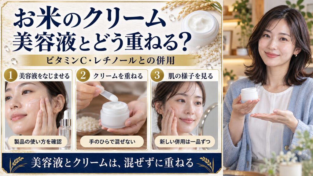 お米のクリームと美容液の重ね方。製品の使い方を確認し、混ぜずに重ね、新しい併用は一品ずつ肌の様子を見る