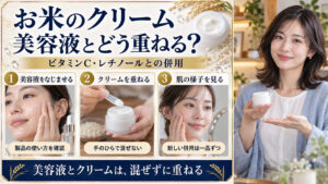 お米のクリームと美容液の重ね方。製品の使い方を確認し、混ぜずに重ね、新しい併用は一品ずつ肌の様子を見る