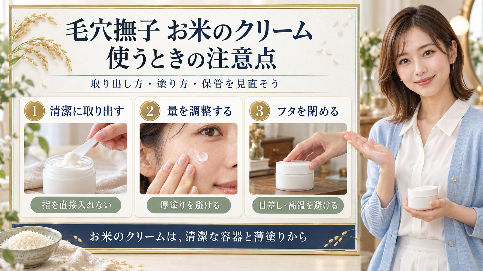 毛穴撫子お米のクリームの注意点。清潔に取り出す、量を調整する、フタを閉める三つの動作