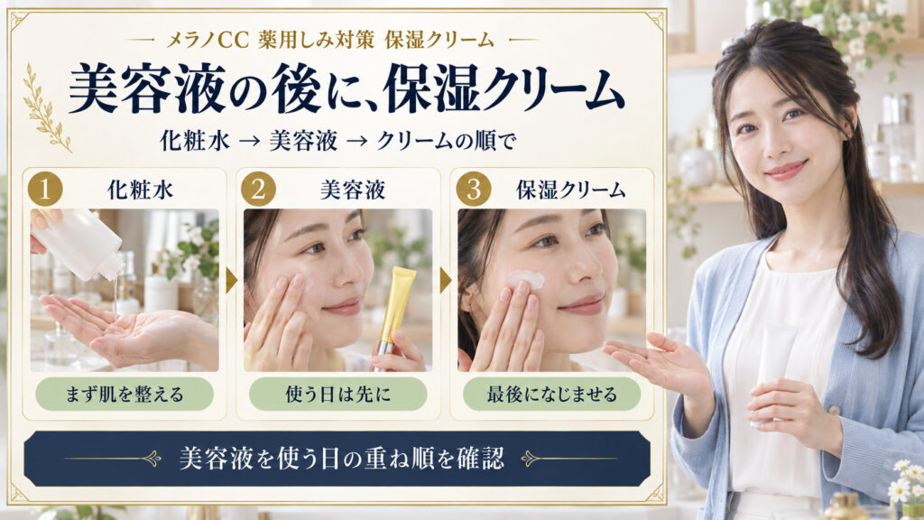 メラノCC薬用しみ対策保湿クリームを塗る順番。化粧水、美容液を使う日は先に、最後に保湿クリームをなじませる