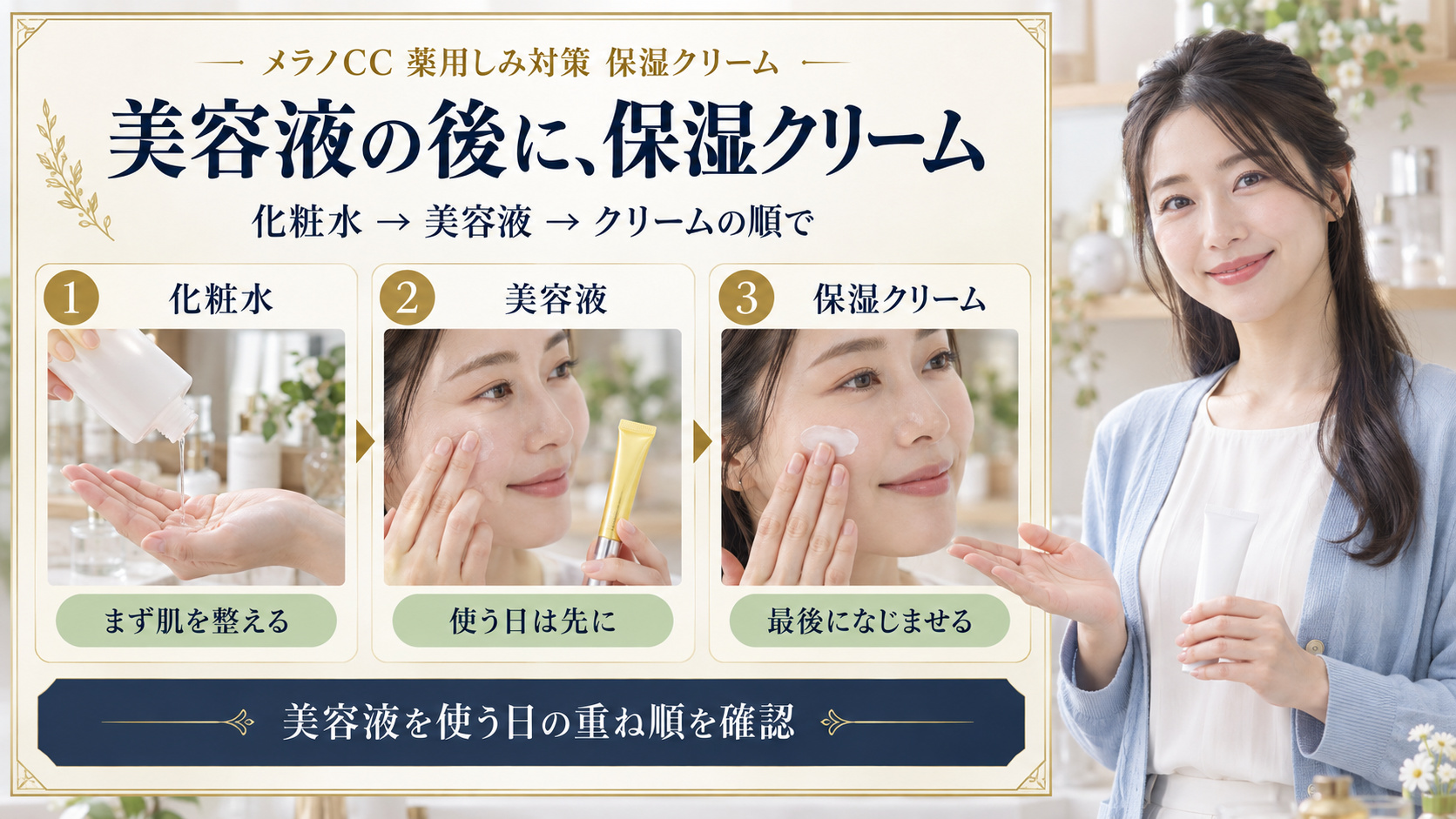 メラノCC薬用しみ対策保湿クリームを塗る順番。化粧水、美容液を使う日は先に、最後に保湿クリームをなじませる