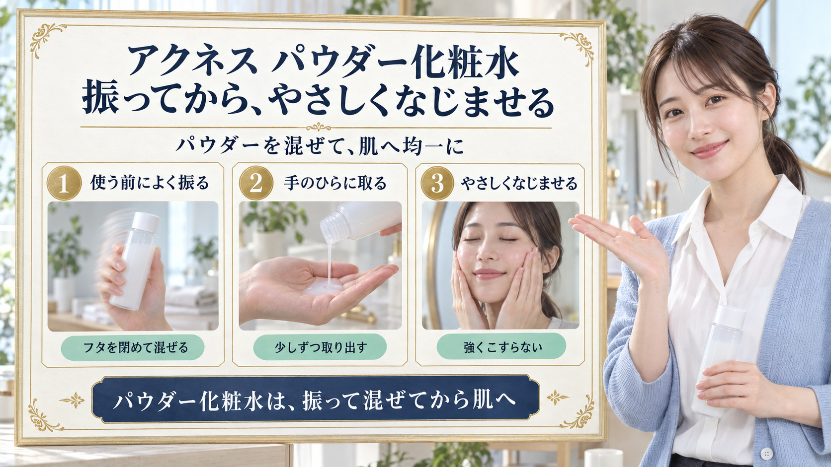 メンソレータムアクネス薬用パウダー化粧水の使い方|振る回数と密着術|Chocobra アイキャッチ