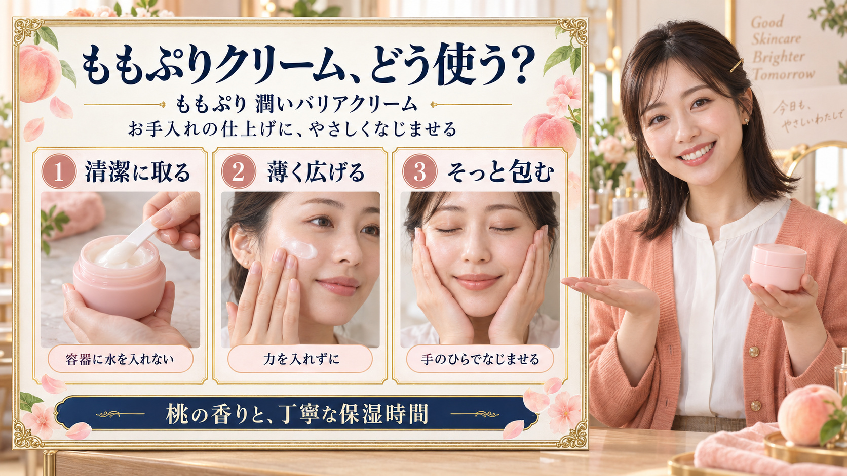 ももぷり潤いバリアクリームの使い方|塗る乳酸菌と桃セラミド密着術|Chocobra アイキャッチ