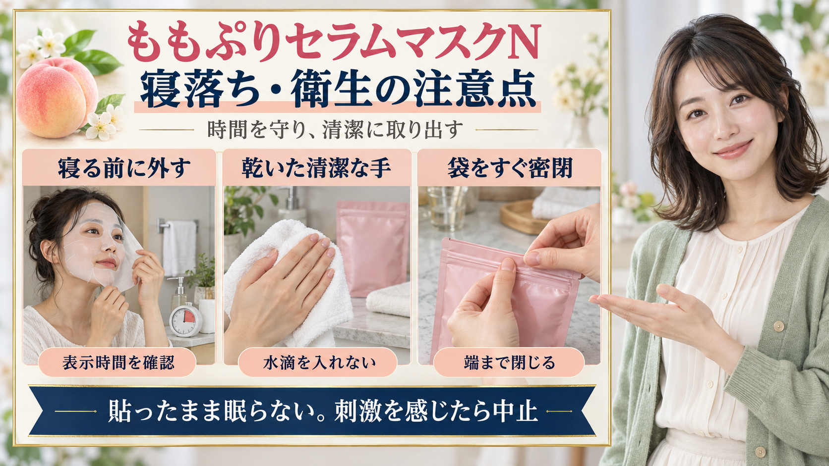 ももぷりセラムマスクNの寝落ちと衛生の注意点。寝る前に外す、乾いた清潔な手で取り出す、袋をすぐ密閉する。