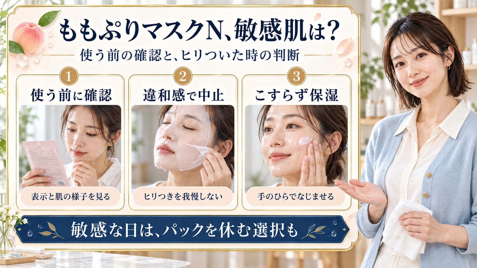ももぷりマスクNを敏感肌で使う前の確認、違和感で中止、こすらず保湿。敏感な日はパックを休む選択も。