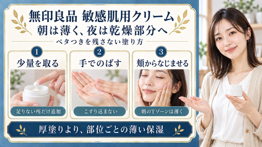 無印良品敏感肌用クリームは朝は薄く夜は乾燥部分へ。少量を取り、手でのばし、頬からなじませる。