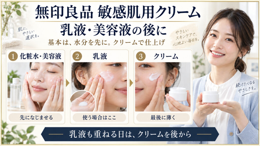 無印良品敏感肌用クリームは乳液と美容液の後に。化粧水と美容液、使う場合は乳液、最後にクリームを薄く重ねる。