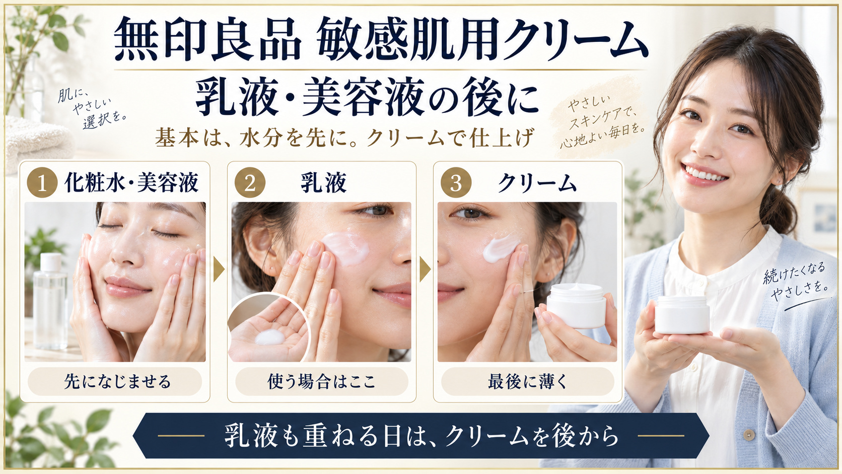 無印良品敏感肌用クリームは乳液と美容液の後に。化粧水と美容液、使う場合は乳液、最後にクリームを薄く重ねる。
